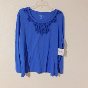 Coral Bay Womens Royal Blue Embroidered Long Sleeve Tunic Top Sz 1X Plus NWT